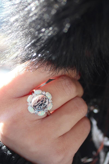 sterling Silver Monogram Ring, Opal Initial Amaya Jewelry