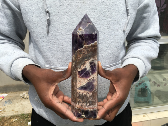 Natural Dream Amethyst Quartz Crystal Obelisk Wand Point Healing Gifts 9.4Inches Hh489
