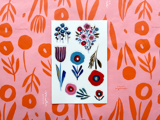 New Poppies & Posies Vinyl Sticker Sheet, With Floral Watercolor Illustrations By Seattle Artist Misha Zadeh
