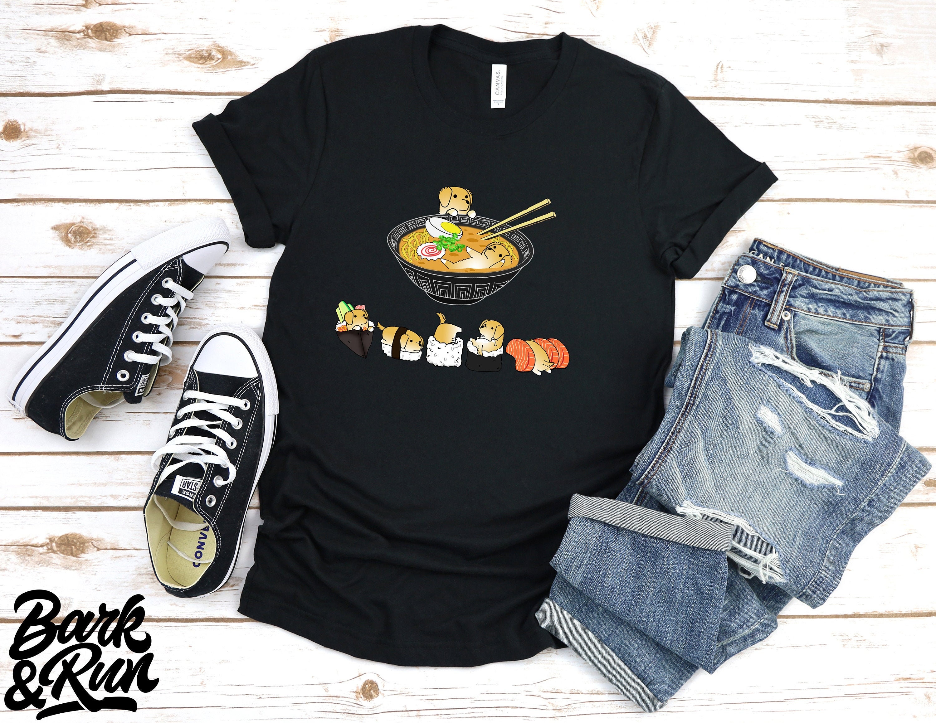 Golden Retriever Shirt, 100% Cotton, Unisex T-Shirt. Golden Retriever Dog Funny Sushi & Ramen Chubby Style Tee, Kawaii Art By Bark&run