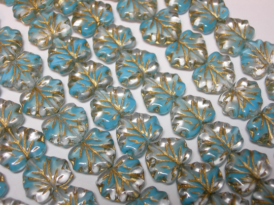 12 Beads - Aqua Clear Blend With Gold Czech Glass Maple Leaf Beads 11x12mm