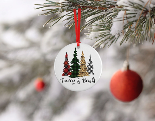 Merry & Bright Christmas Ornament, Cozy Plaid Trees, Leopard Print Tree, Stocking Stuffer
