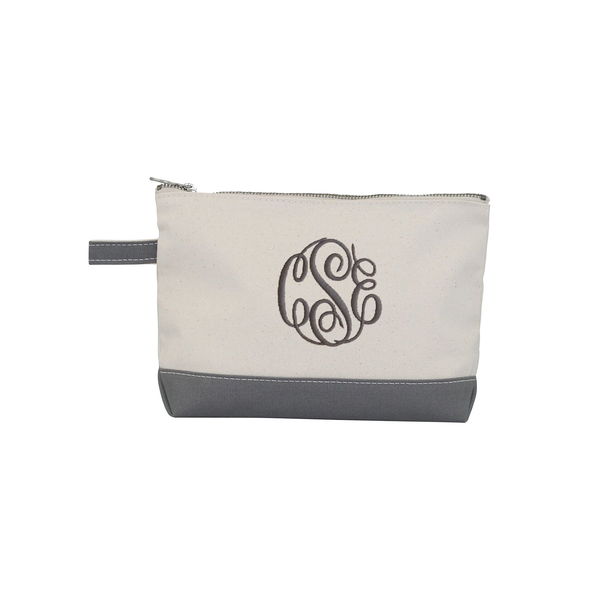 Gray Canvas Makeup Bag With Monogram, Monogrammed Cosmetic