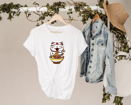 Ramen Cat Shirt, Anime Kawaii Neko Cute Japanese Noodle Lucky Shirt Maneki Tshirt