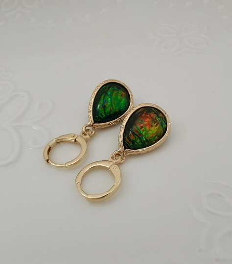 Gold Faux Fire Opal Drop Earring Endless Hoops Huggies Dangle Simple Earrings Everyday/Gift For Her