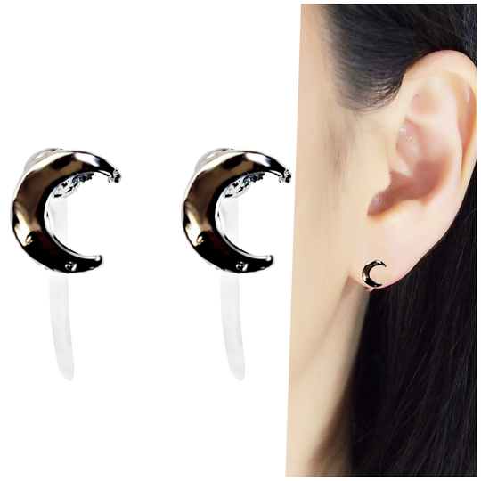 Silver Moon Clip On Earrings, Minimalist Crescent Invisible Petite Half Earrings Stud Non Pierced