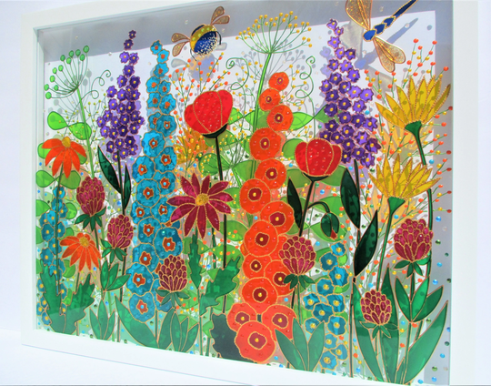 Wild Flowers 22x18 Meadow Art Glass Painting Sun Catcher Original Modern Window Hanging Colorful Framed