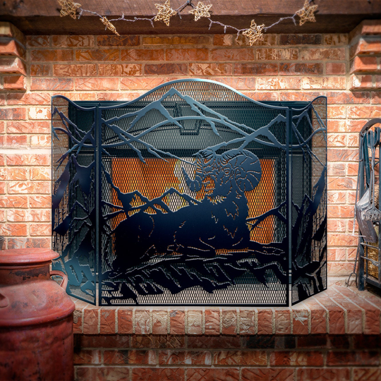 Decorative Ram 3-Panel Steel Fireplace Screen