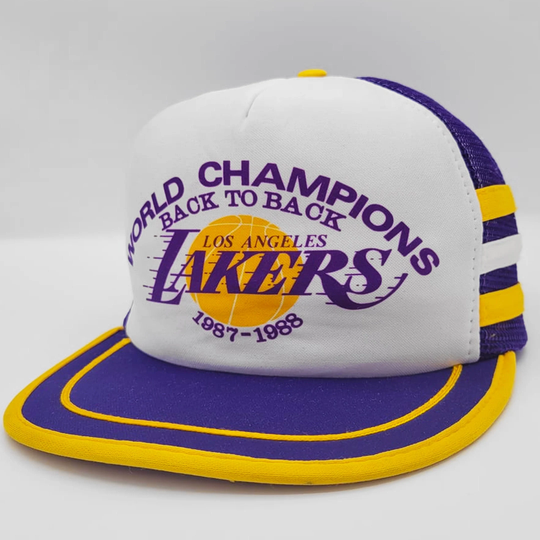 Los Angeles Lakers Vintage 80S Three Stripe Trucker Snapback Hat - 1987-1988 Nba Championship White & Purple One Size Free Shipping