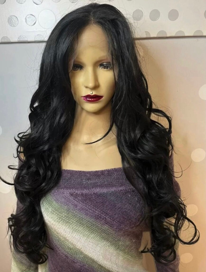 Long Curly Black 13x6 Lace Parting Human Hair Blend Daily Wig./Cosplay Party