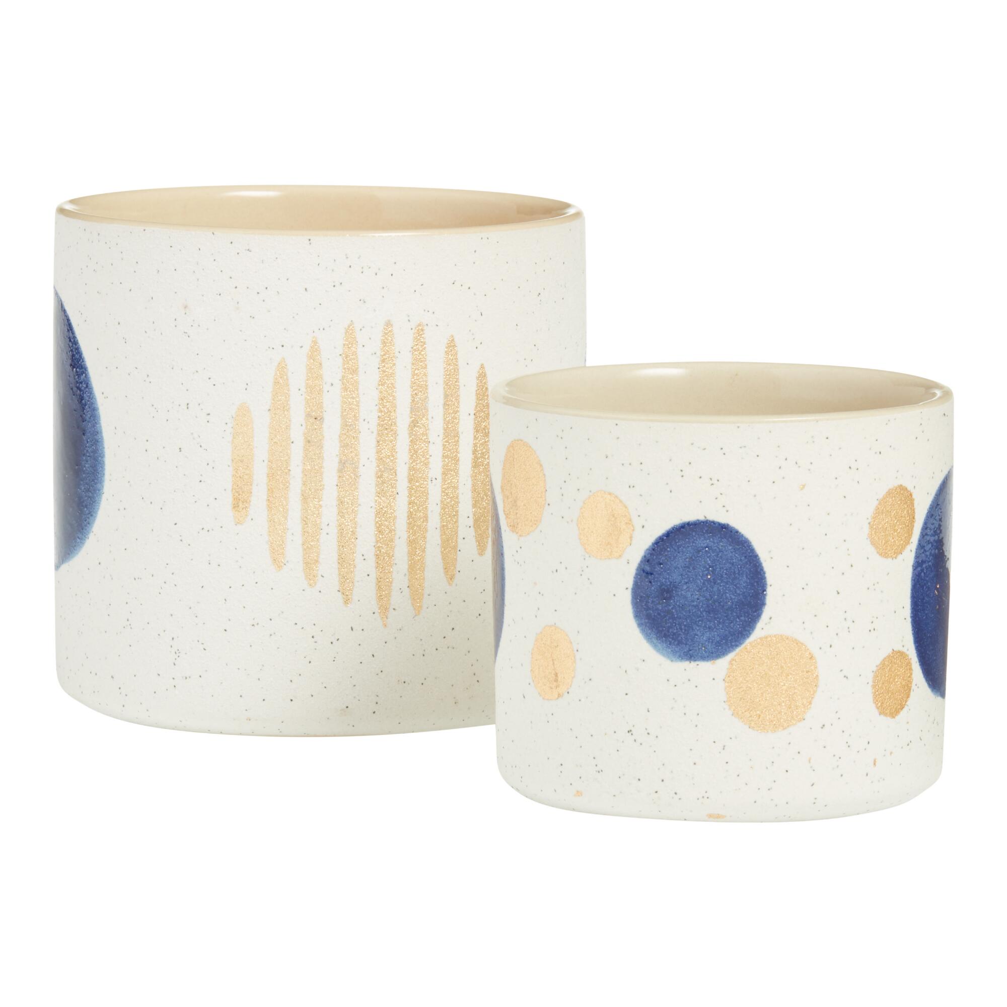 White, Blue And Gold Geo Textured Ceramic Planter: Blue/Natural/Gold by World Market
