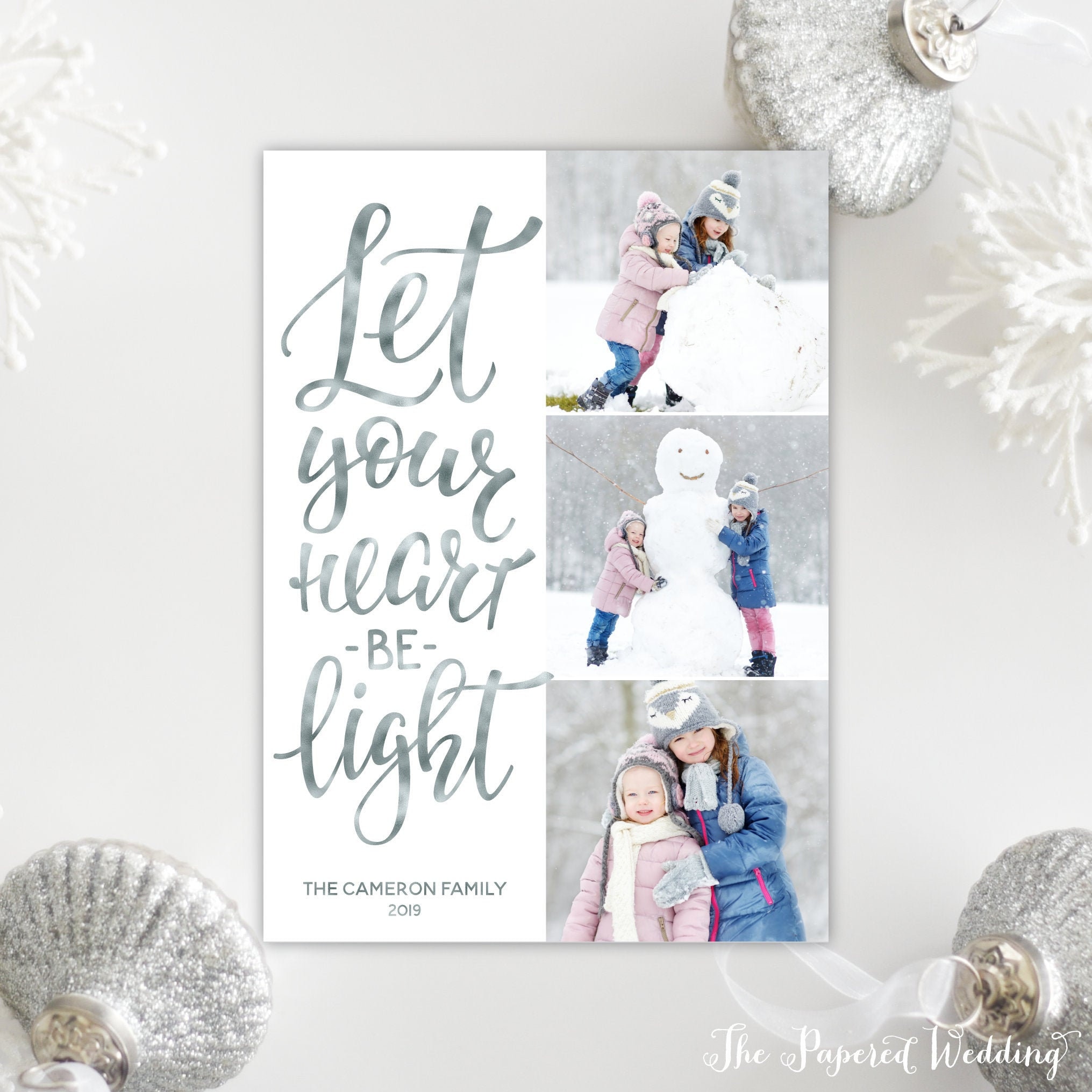 Printable Or Printed Picture Collage Holiday Cards in Faux Silver Foil - Let Your Heart Be Light With Three Pictures 098 P3
