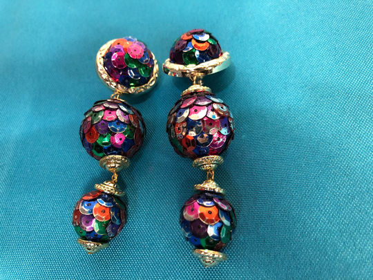 Vintage Sequin Dangle Post Earrings, 3 Tier Multi Colored Dangling Earring Balls, Circa 1960
