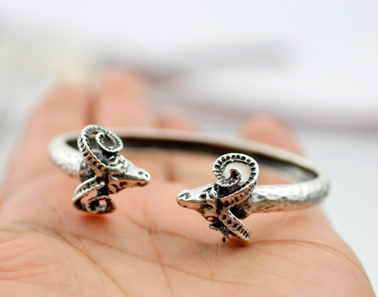 Ram Head Cuff Bracelet, Silver Ram Adjustable Silver Animal Boho Open Band B341