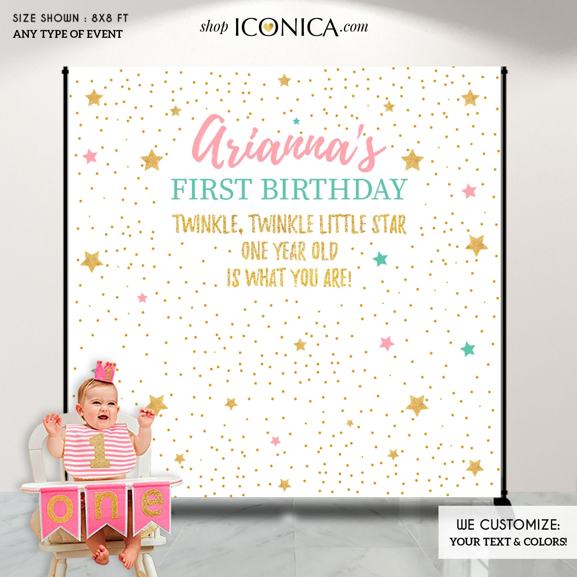 Twinkle First Birthday Party Backdrop, Little Star Banner - Pink, Mint & Gold Backdrop- Printed Or Printable File Bbd0112