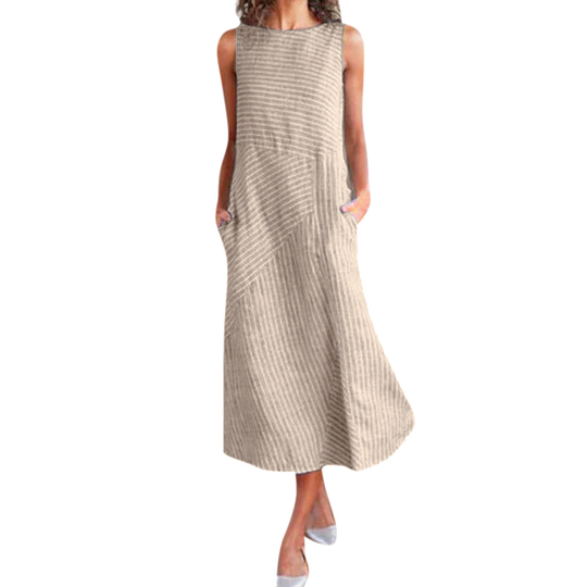 Lightweight Striped Midi Dresses in Linen Blend, S-2X - Khaki, M - medium beige