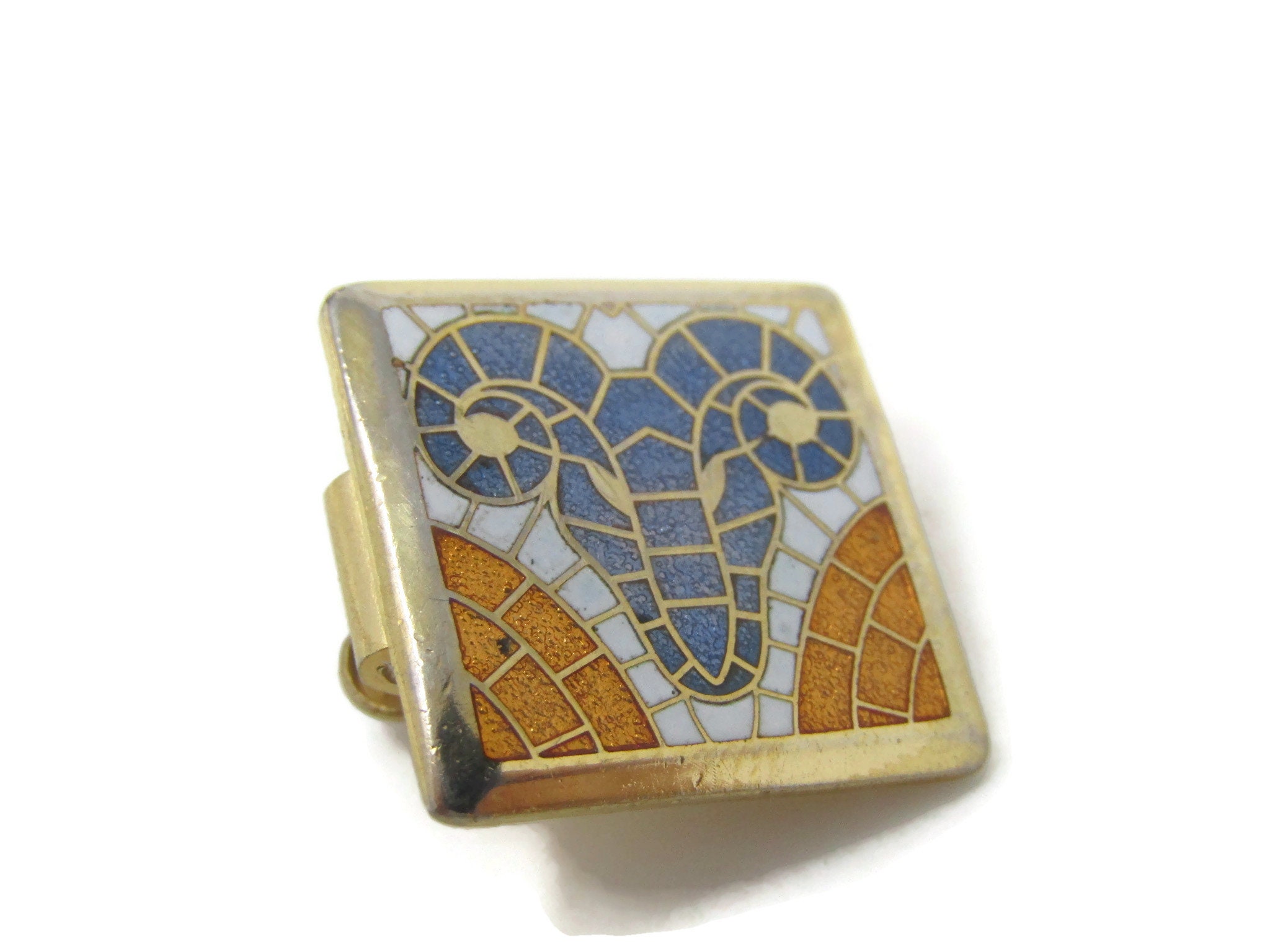 Aries Ram Mosaic Tie Clip Bar Faded Gold Tone Vintage Men's Jewelry Nice Design