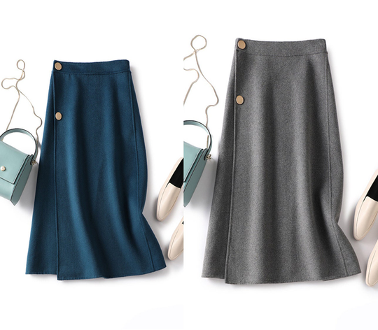 Women's High Waist Stretch Wool Blend Midi Pencil Skirt With Buttons