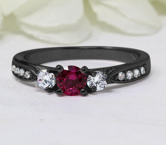 3-Stone Engagement Ring Round Red Ruby Cz Simulated Diamond Black Gold 925 Sterling Silver Three Stone