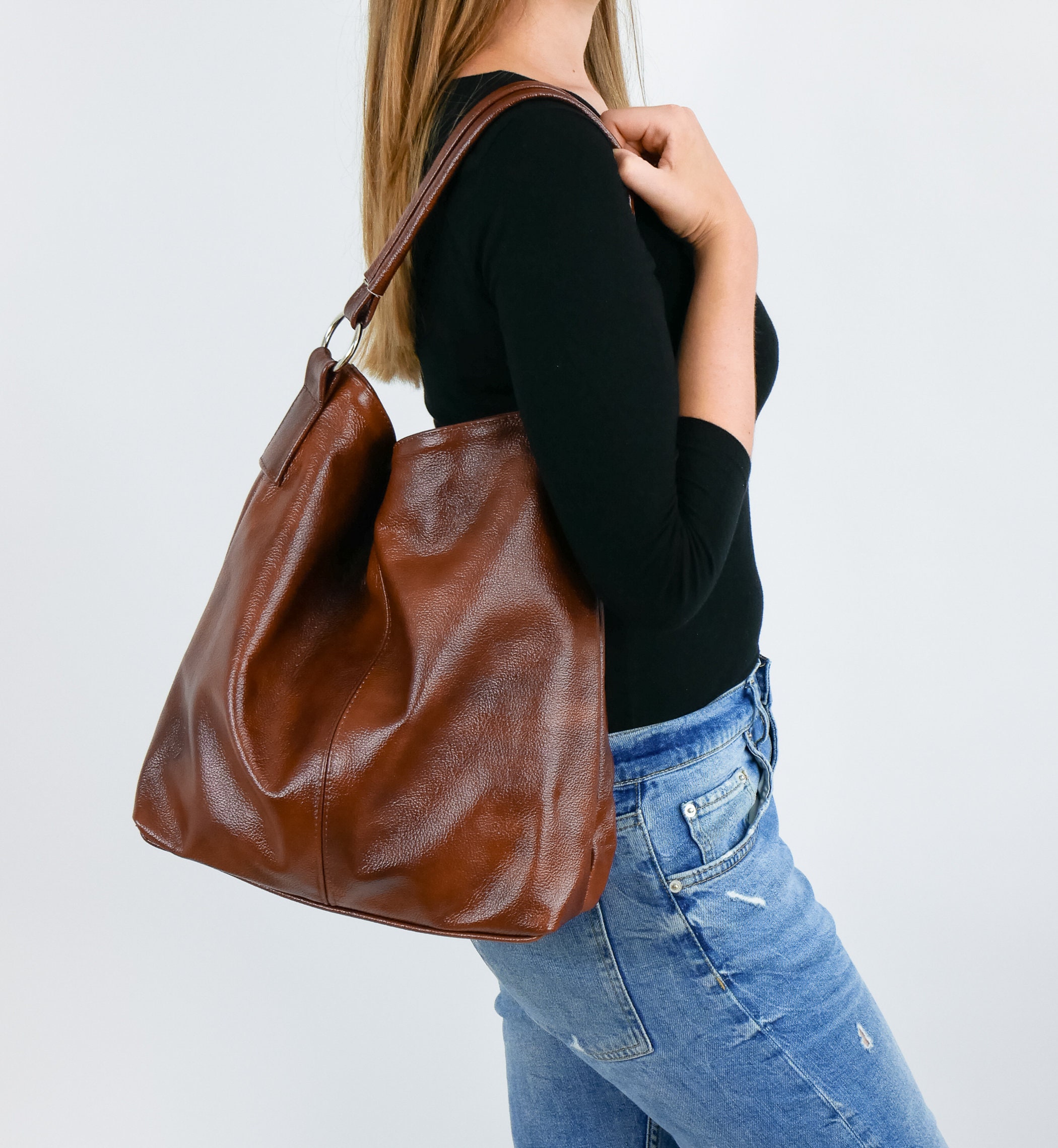 Leather Hobo Bag, Chestnut Brown Handbag, Crossbody Everyday Tote Bag Laptop Shoulder Cognac Ha