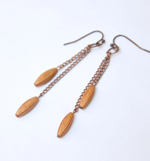 Double Chain Earrings, Fringe Long Beaded Antiqued Copper Rose Gold Dangle Boho Bohemian