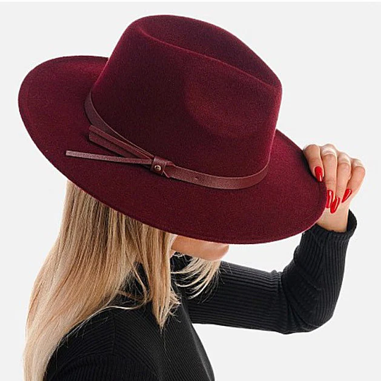 Wool Blend Hat Fedora Wide Brim Felt Merlot Burgundy Panama Boho Chic For Party Vacation Shopping Holiday Fall Gift Her Woman Girl