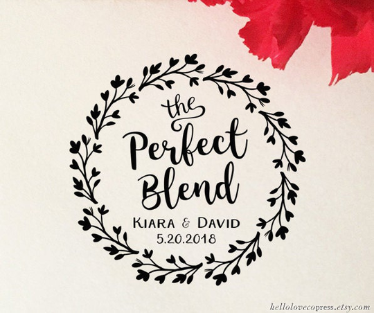 The Perfect Blend Stamp, Coffee Wedding Favor Self Inking Wood Custom Personalized Floral Wreath