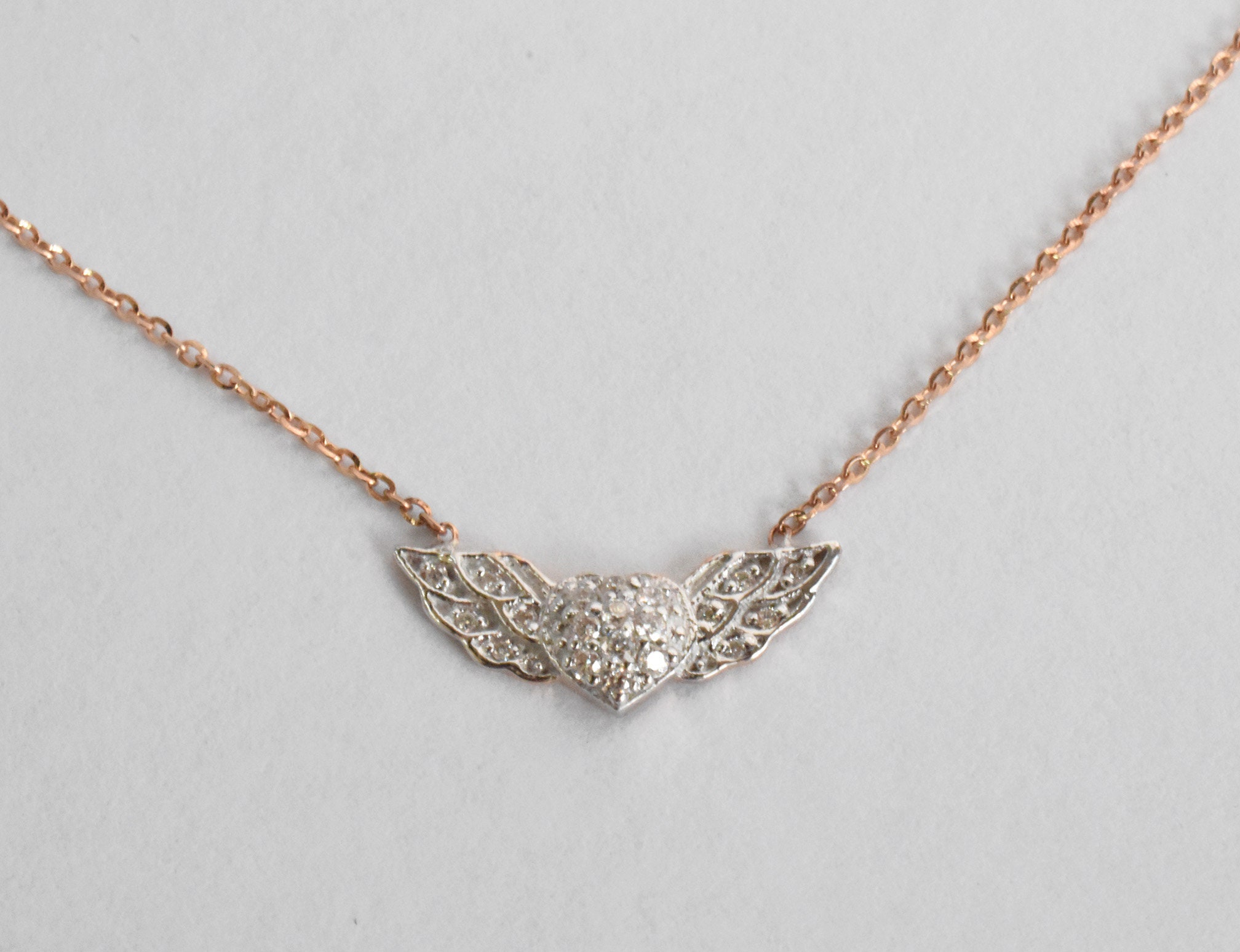 Winged Heart Diamond Necklace/10K 14K 18K Gold Wing Charm Flying Valentine Gift Jewelry Ojgd20/17