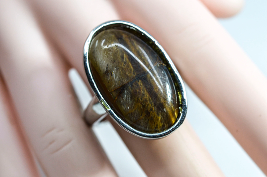 Silver Tone With Brown, Tiger Eye Ornament Womens Ring, Size 9