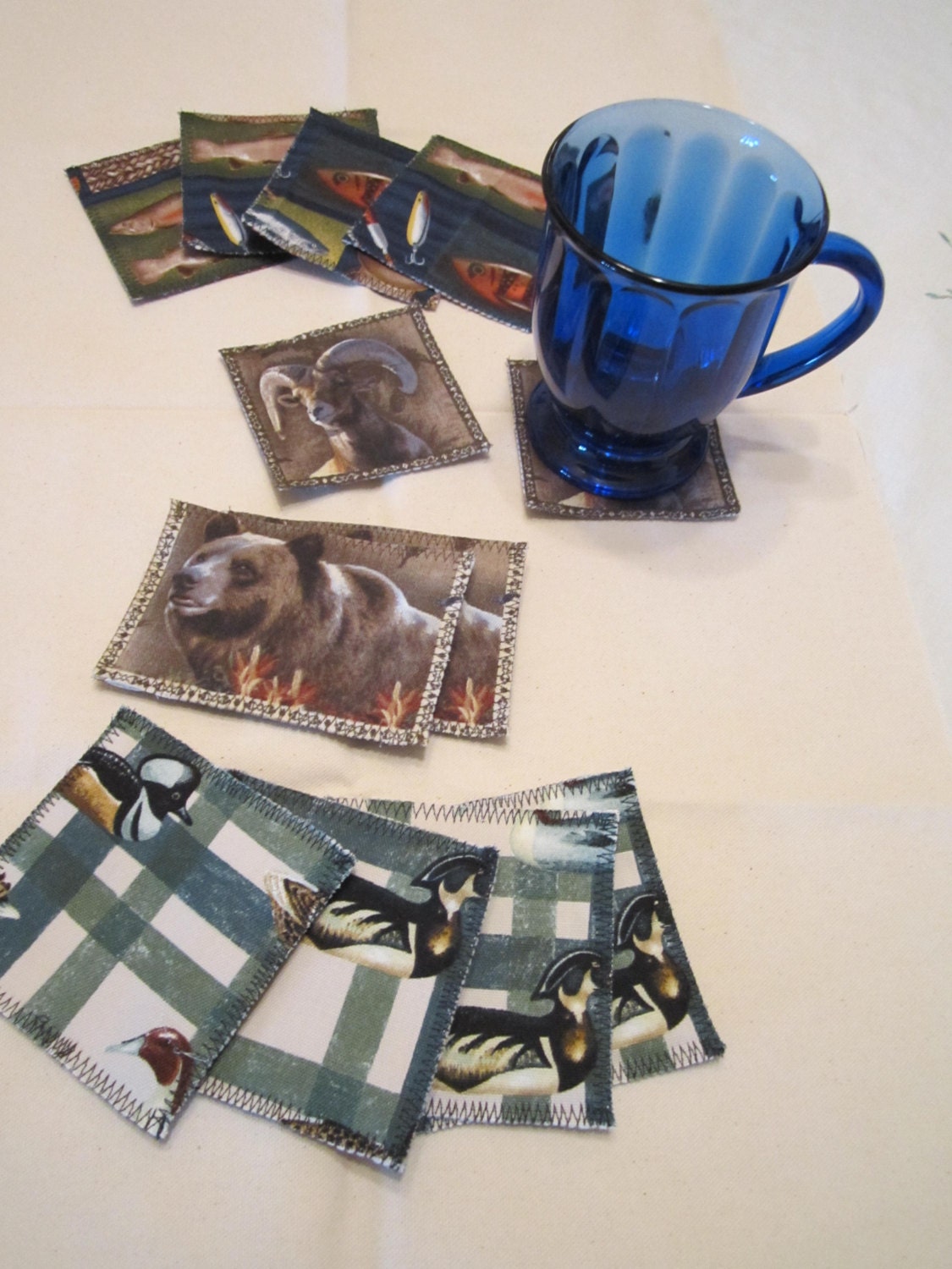 Clearance - Fabric Drink Coasters Wildlife Series Bear Ram Duck Fish Sportsmen Lodge Cabin Man Cave Decor Style Choice