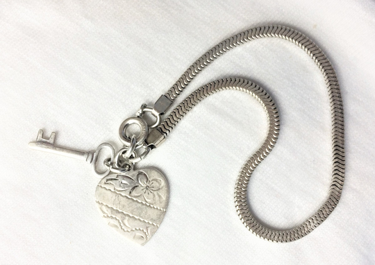 Vintage Old Pawn Heart Key Sterling Silver Charm Bracelet Chain 7" Long Marked "Sterling" Estate Engravable Gift 1940's Love Personalize
