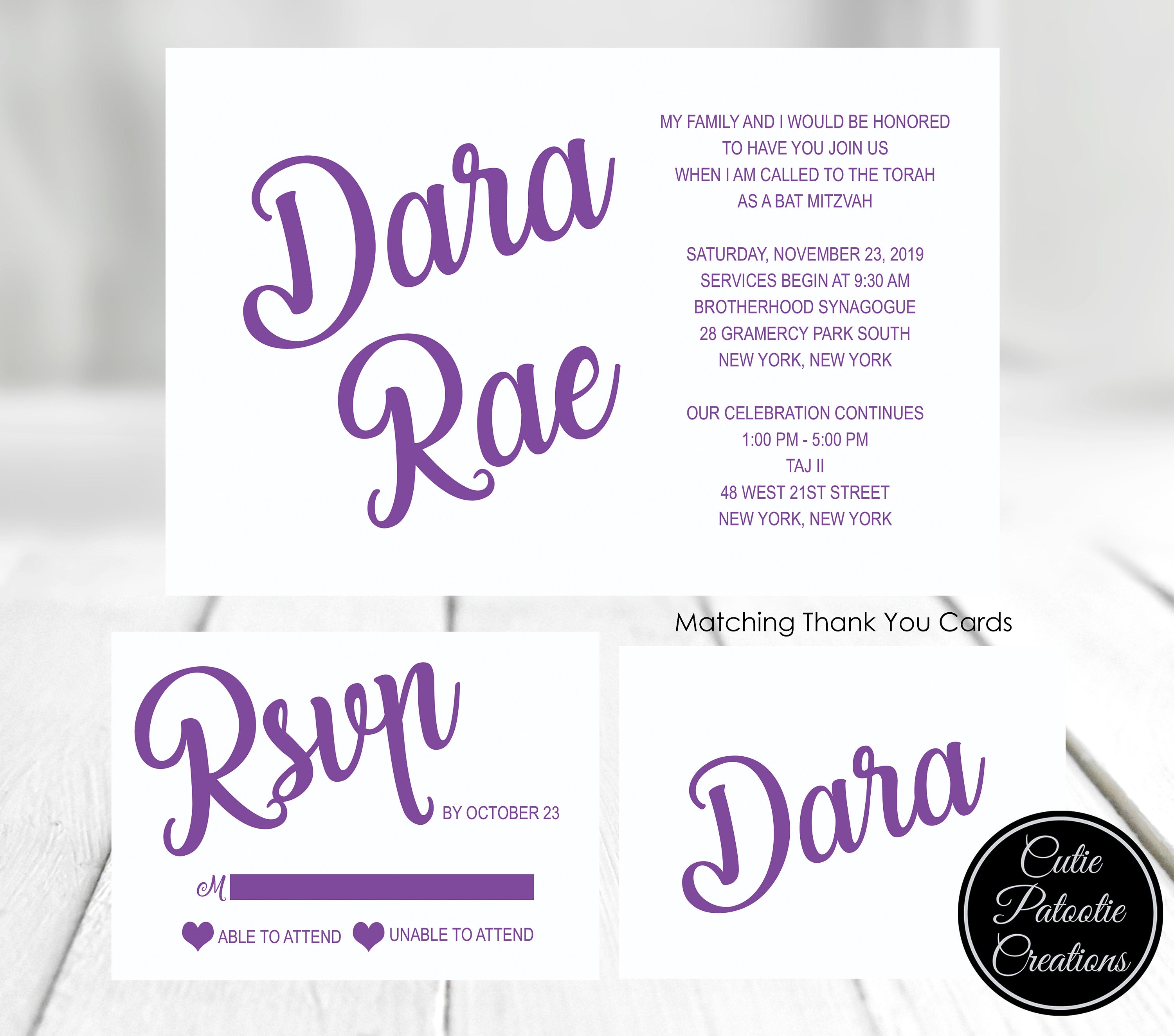 Bat Mitzvah Invitations - Purple & White Custom Colors Available