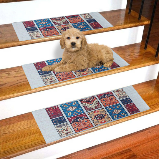 Vintage Patterned Stair Carpet, Treads Rug, Non-Slip Backing Machine Washable Easy To Clean