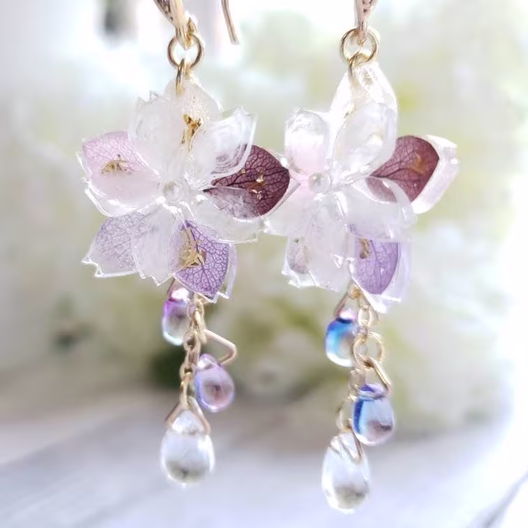 Purple Flower Resin Earrings, Real Petal Dangle Earrings