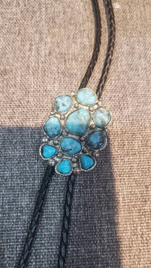 Vintage Pewter Turquoise & Black Leather Bolo Tie