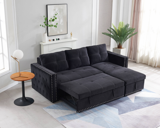 Clihome Sofa with Pulled Out Bed Modern Black Polyester/Blend Sleeper | CY-08WBL