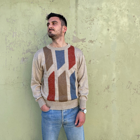 Linen Blend Vintage Sweater 70S/Vintage Man Pullover Patterned New Light Beige Beige Men's In