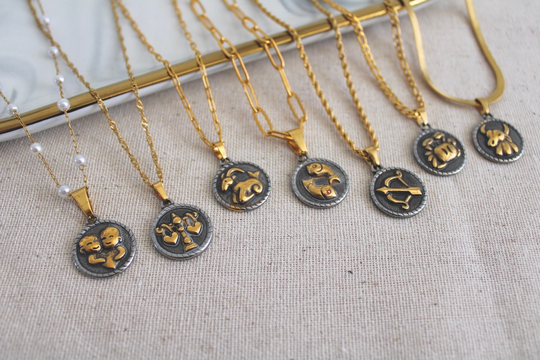 Gold/Silver Zodiac Sign Necklace | Vintage Style Waterproof Double Sided Personalized Gift For Mom Her| Him
