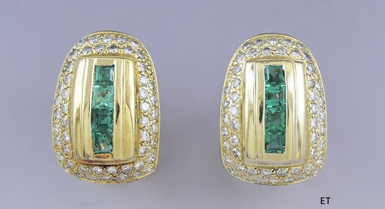 Fine Quality Pair 18K Yellow Gold, Emerald & Diamond Earrings