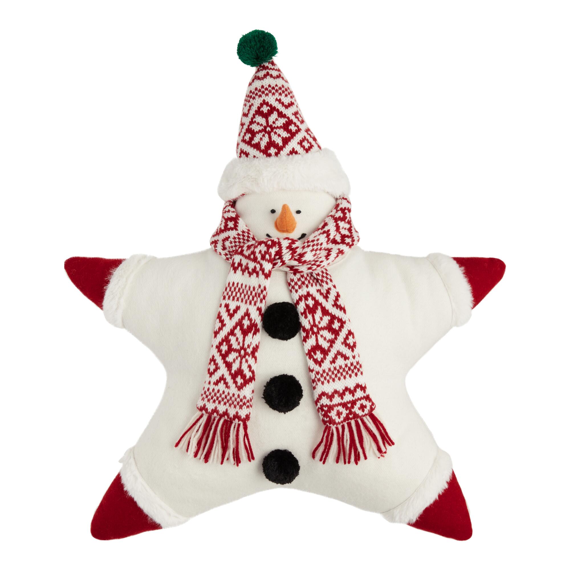 Star Shaped Snowman Throw Pillow: Red/Multi/Cream - Polyester by World Market