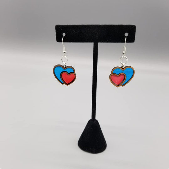 Handcrafted Blue & Red Resin Heart Cherrywood Earrings