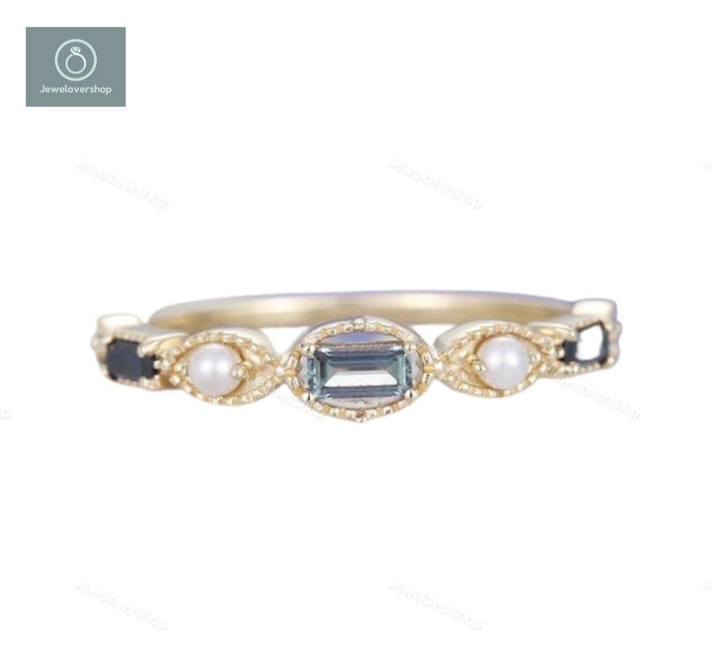 Baguette Cut Alexandrite, Sapphire & Pearl 14K Gold Eternity Band Ring, June Birthstone Unique Wedding Band, Anniversary Gift For Her