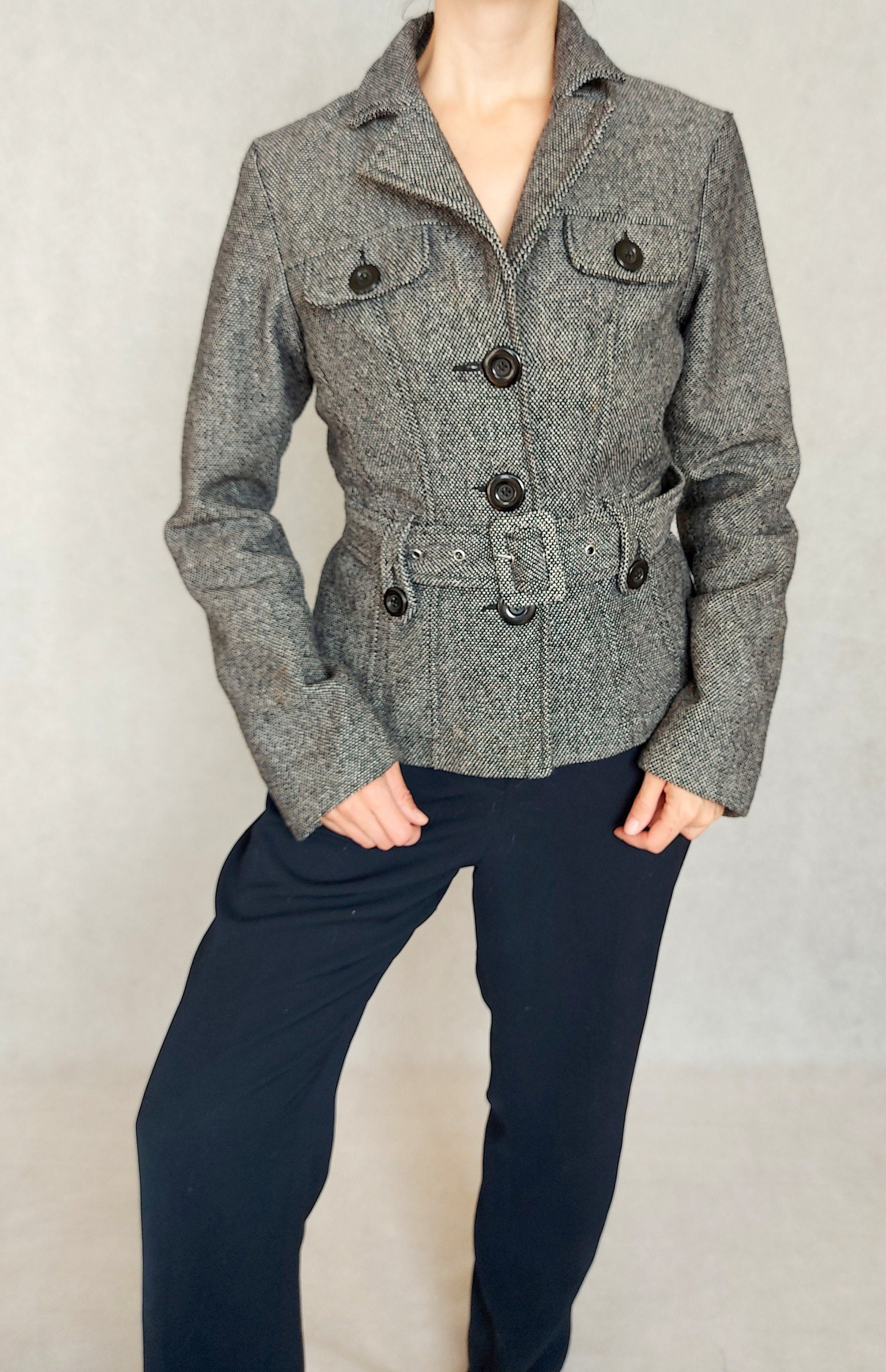 90S Vintage Wool Blend Belted Black & White Jacket, Medium Size Short Women Coat, Button Down Jacket