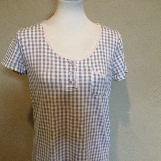 Laura Ashley Gingham Check Nightshirt/Gray & White Print Lace Trim Details Short Sleeves Label Size S Soft Cotton Blend