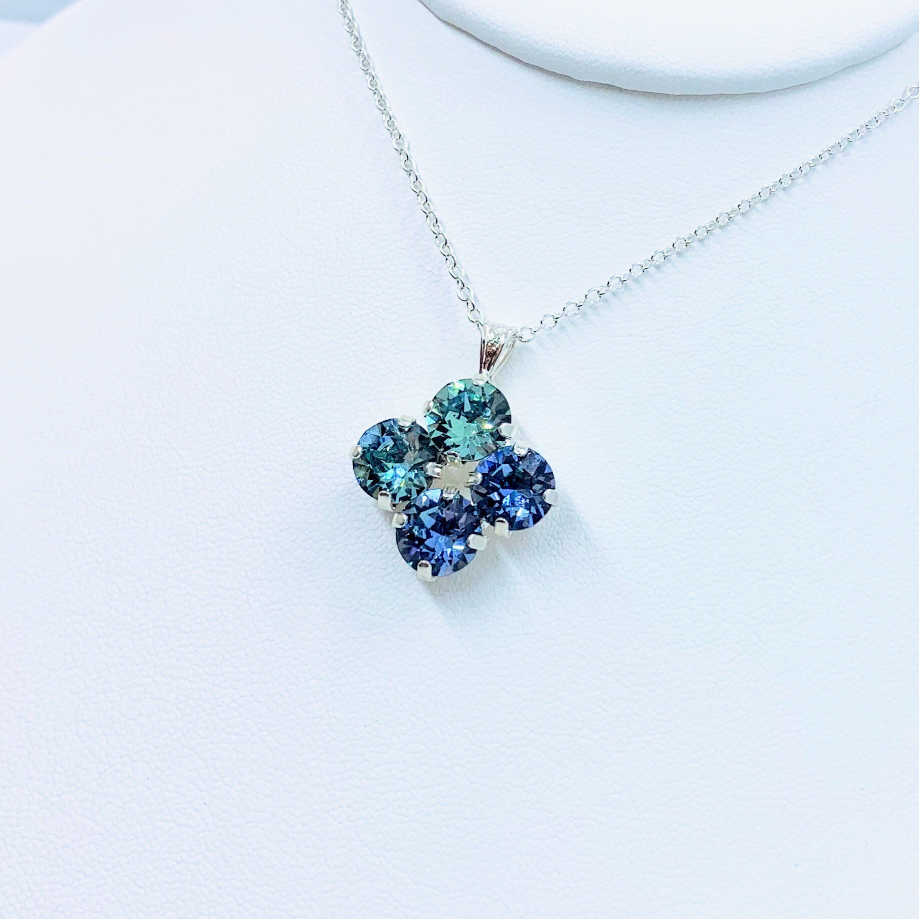 Lavender Chrysolite Blend Swarovski Crystal Necklace Silver Four Stone Unique Diamond Shaped Pendant Blue Green Crystal