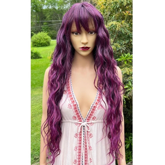 Long Wavy Sangria Human Hair Blend Daily Wig With Bangs