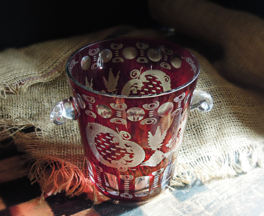 Vintage Small Cranberry Etched Glass Ice Bucket/With Handles Wedding New Years Party Outdoor