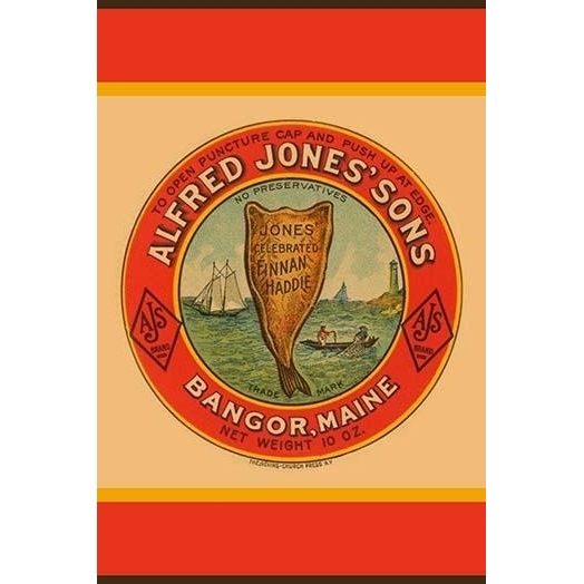 A bottle label for Alfred Jones' Sons smoked haddock, also called Finnan Haddie. Packed in Bangor, Maine, this seafood had no preservatives - 24 x 36