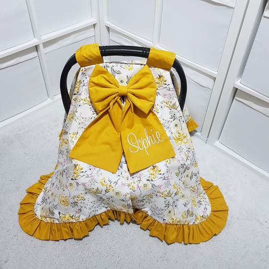 Customized Baby Car Seat Canopy/Personalized Cover With Frill Floral Mustard Color Shower Gift For Boy & Girl