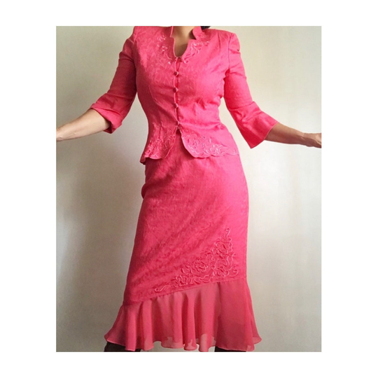 Vintage Linen Blend Embroidered Hot Pink Blazer Chiffon Skirt/Set